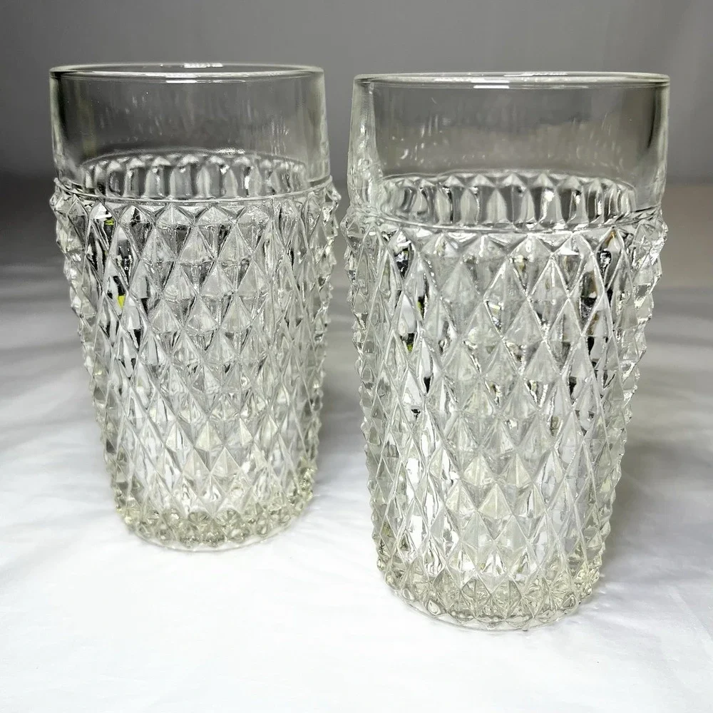 2 Vintage Indiana Glass Tumblers - Diamond Point Clear - 5.75